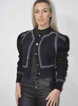 Cardigan dama negru prevazut cu detalii pretioase si umeri bufanti