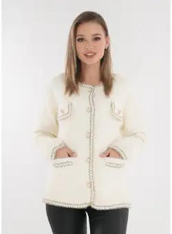 Cardigan elegant ivory cu banda crosetata si nasturi tip perla