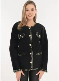 Cardigan elegant negru cu banda crosetata si nasturi tip perla