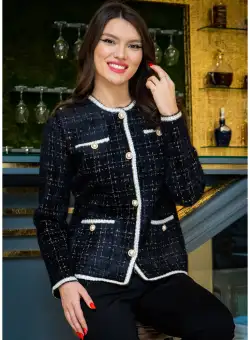 Cardigan elegant negru cu model discret bej si nasturi tip perla