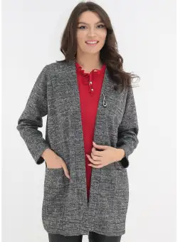 Cardigan gri-pepit din jerse cu brosa