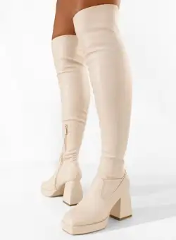 Cizme lungi cu toc gros bej Enixia