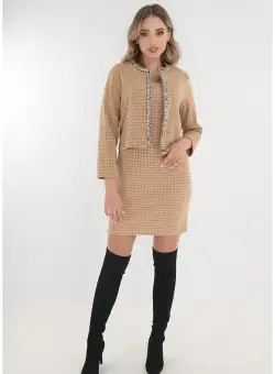 Compleu - blazer si rochie din stofa tweed bej