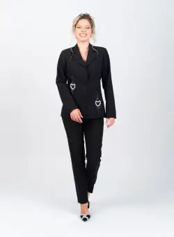 Compleu negru de ocazie format din doua piese cu sacou cambrat si pantaloni pana