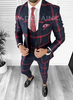 Costum barbati slim fit bleumarin in carouri B7921 92-4 E 78-5 ~