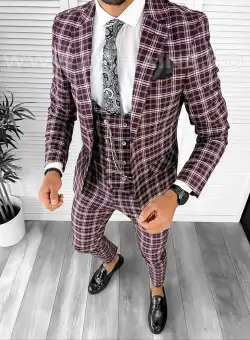Costum barbati slim fit grena in carouri B7916 E 35-4 / 47-2 ~