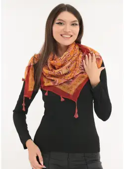 Esarfa patrata orange cu desen geometric