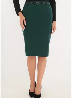 Fusta conica din stofa verde accesorizata in talie cu o curea
