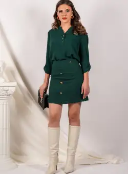 Fusta Dy Fashion verde scurta din tweed cu nasturi