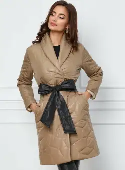 Geaca Dy Fashion bej cu cordon din piele in talie