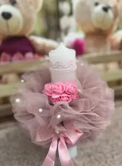 Lumanare Botez Voal Rotund Trandafir - Roz