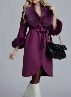 Palton dama mov din lana de alpaca cu blana naturala de vulpe