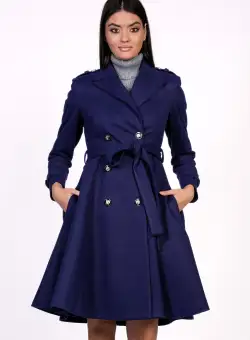 Palton Dy Fashion bleumarin cu nasturi si cordon in talie