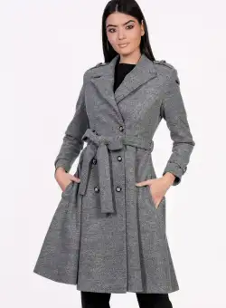 Palton Dy Fashion gri cu nasturi si cordon in talie