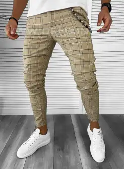 Pantaloni barbati casual regular fit bej in carouri B7892 A-7