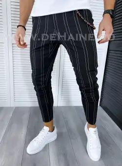 Pantaloni barbati casual regular fit negri in dungi B1704 3-5 E
