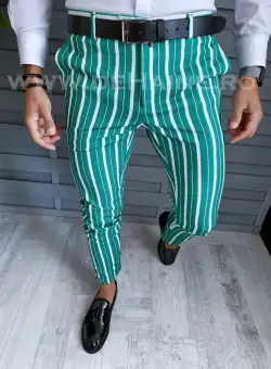 Pantaloni barbati eleganti verzi in dungi B1772 E 22-5 ~