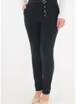 Pantaloni bleumarin flausati cu elemente decorative in talie