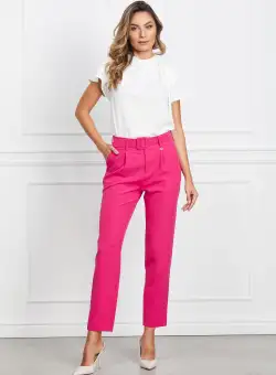 Pantaloni Dy Fashion fucsia cu pliuri si curea in talie