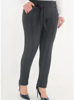 Pantaloni gri-petrol flausati cu model spic si cordon in talie