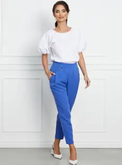 Pantaloni Leticia albastri cu pliuri si catarama
