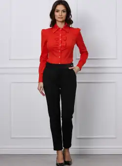 Pantaloni Loris negri din catifea cu insertii din piele ecologica