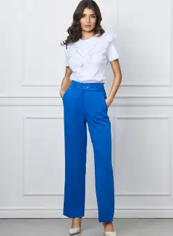 Pantaloni Nasira albastri cu cordon in talie