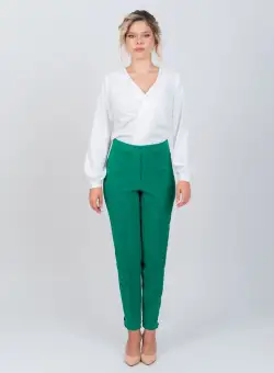 Pantaloni office/eleganti de culoare verde cu croiala conica si inchidere cu nasturi si fermoar
