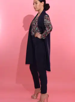 Pantaloni office pana bleumarin cu talie inalta