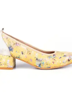 Pantofi casual cu toc damă din piele naturală, Leofex - 231 Galben flori