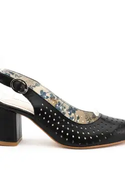 Pantofi casual cu toc dama, perforati si decupati la spate din piele naturala, Leofex - 247 negru box