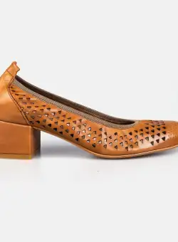 Pantofi casual perforaţi cu toc damă din piele naturală, Leofex – 032 Camel Box