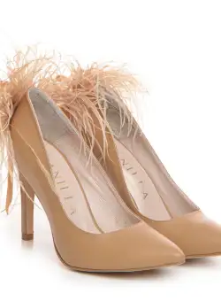 Pantofi Stiletto cu toc Beatrice piele neteda si pene naturale, bej
