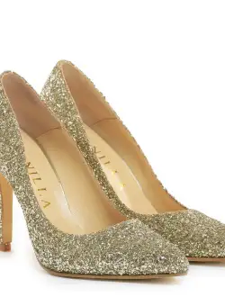 Pantofi Stiletto cu toc subtire Corina, sclipici auriu