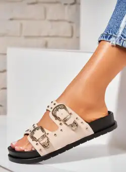 Papuci/Slapi Bej din Piele Ecologica Intoarsa Chevi