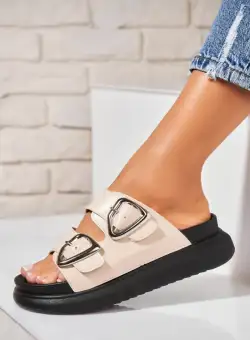 Papuci/Slapi Bej din Piele Ecologica Iselis