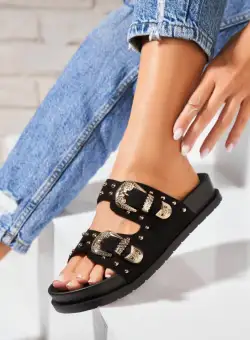 Papuci/Slapi Negri din Piele Ecologica Intoarsa Chevi