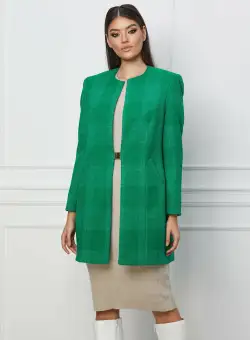 Pardesiu Elena verde cu carouri si inchidere metalica in talie