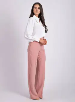 Pataloni evazati cu talie inalta de culoare roz-prafuit