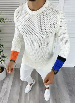 Pulover barbati gros alb slim fit T3585 102-3**