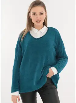 Pulover pufos turcoaz din vascoza si lana
