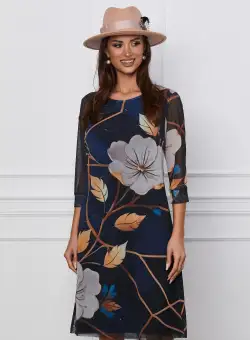 Rochie Adina bleumarin cu flori bej