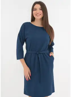 Rochie albastra cu buzunare si cordon in talie