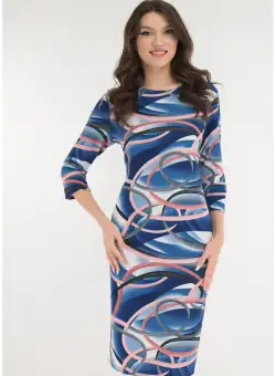 Rochie albastra cu print abstract roz-gri