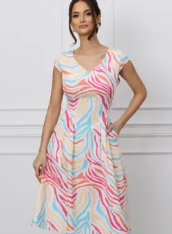 Rochie Andreea alba cu imprimeu zebra multicolor pastel