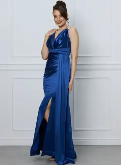 Rochie Ariana lunga albastra cu fronseuri si bretele cu strasuri