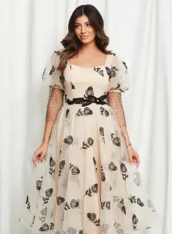 Rochie Aurora bej din organza cu insertii catifelate negre