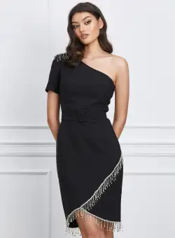 Rochie Beatrice neagra cu fanjuri din strasuri si curea in talie