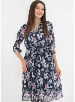 Rochie bleumarin cu print floral maxi roz-bleu