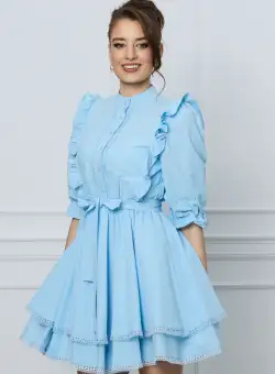 Rochie Cassy bleu cu volanase si cordon in talie